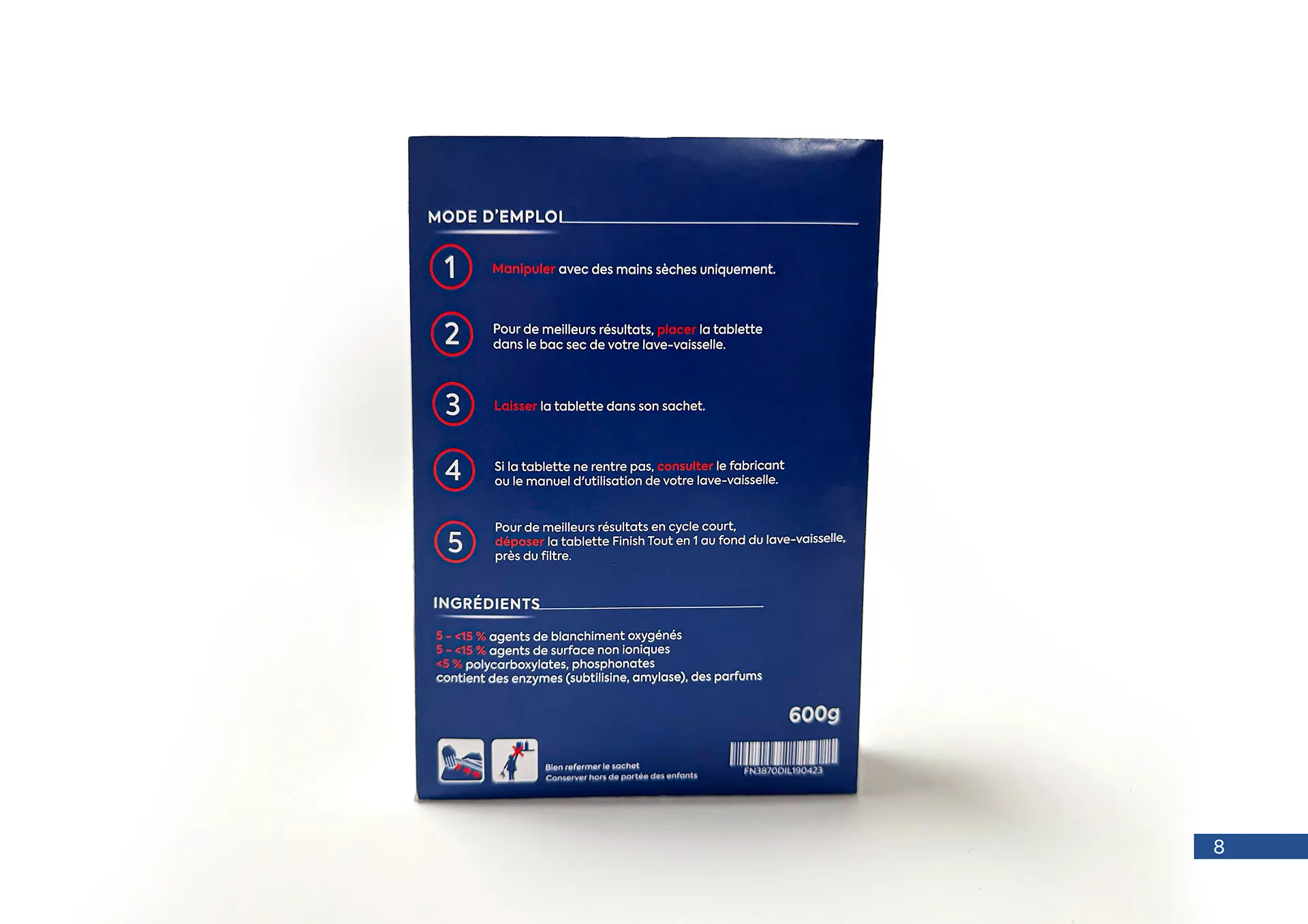 Présentation 3D du packaging Finish · design produit